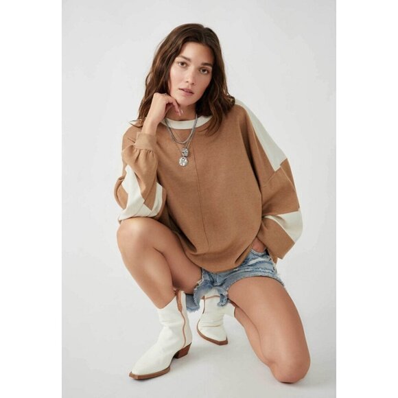 FREE PEOPLE Uptown Colorblock Pullover in Camel Ivory Size Small - Picture 1 of 15
